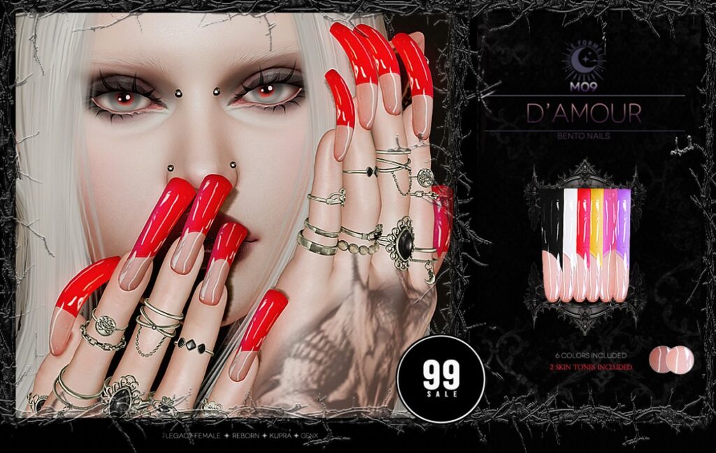 M09 D'Amour Nails - GenX/Inithium/Legacy/Reborn	<a href="http://maps.secondlife.com/secondlife/Flamingo%20District/208/76/2203" target="_blank">Teleport</a>
