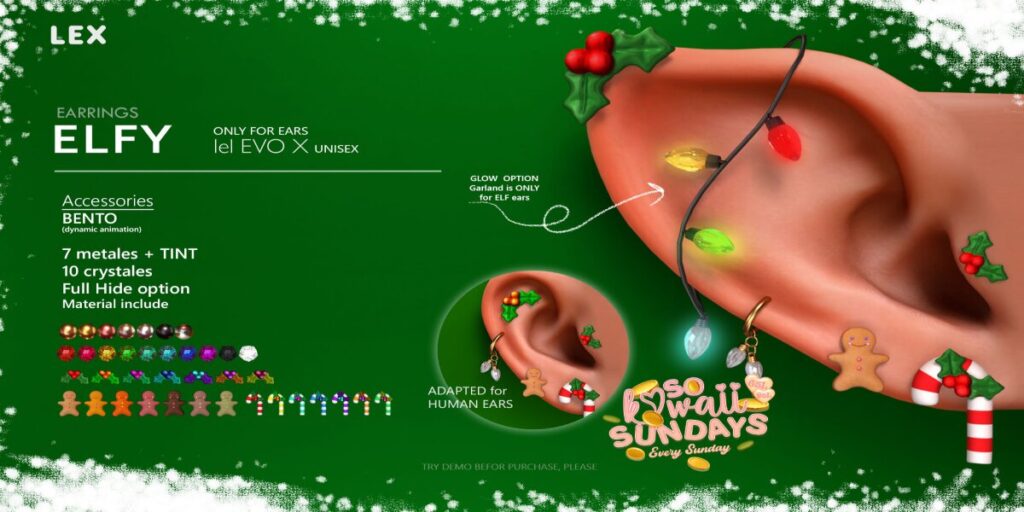 Elfy Earrings - EvoX Human+Elf	&lt;a href=&quot;http://maps.secondlife.com/secondlife/Clair%20Obscur/133/49/24&quot; target=&quot;_blank&quot;&gt;Teleport&lt;/a&gt;