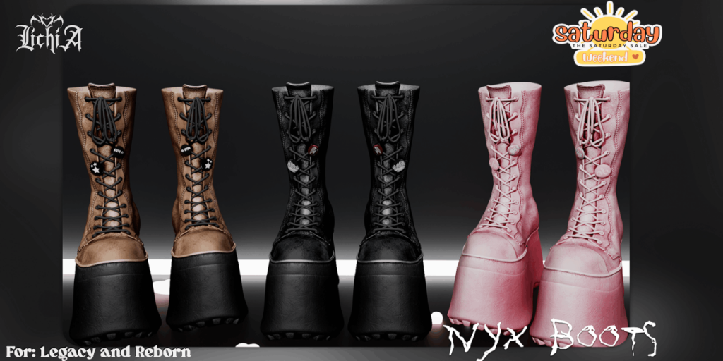 Nyx Boots - Legacy/Reborn	&lt;a href=&quot;http://maps.secondlife.com/secondlife/Hashira/51/96/3&quot; target=&quot;_blank&quot;&gt;Teleport&lt;/a&gt;