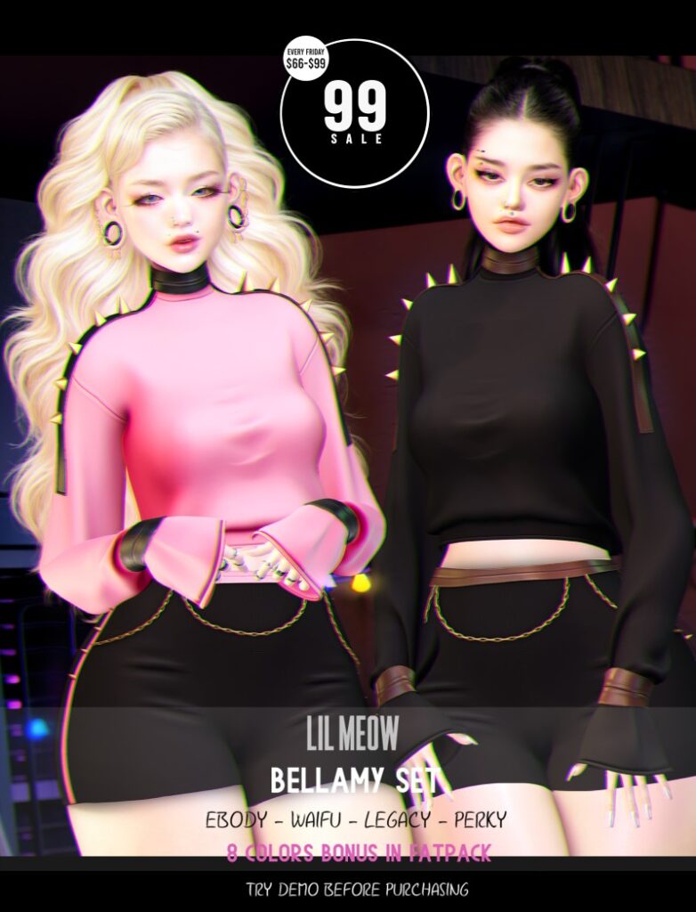 Bellamy Set - Legacy/Reborn/+mods	<a href="http://maps.secondlife.com/secondlife/Crystal%20Isle/122/129/60" target="_blank">Teleport</a>