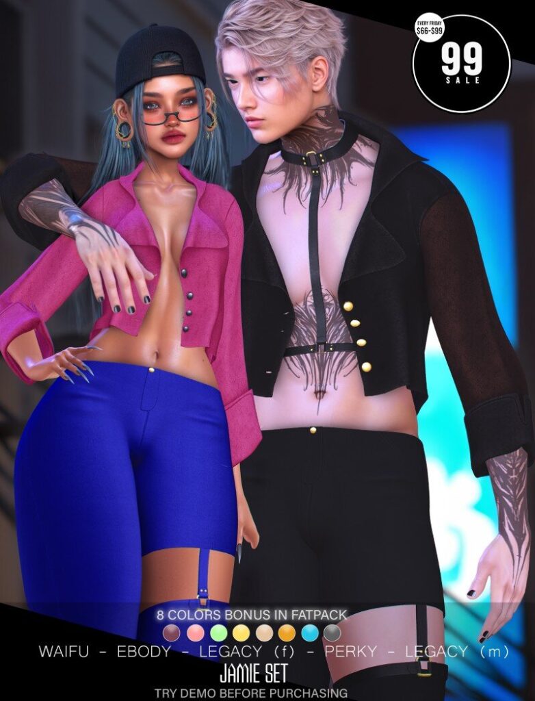 Jamie Set - Legacy F+M/Reborn/+mods	<a href="http://maps.secondlife.com/secondlife/Crystal%20Isle/127/133/60" target="_blank">Teleport</a>