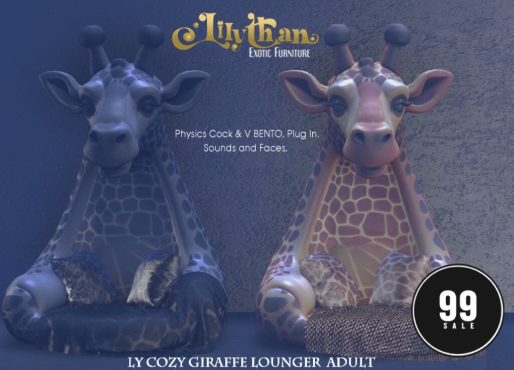 Cozy Giraffe Lounger	&lt;a href=&quot;http://maps.secondlife.com/secondlife/Moonwall/13/188/32&quot; target=&quot;_blank&quot;&gt;Teleport&lt;/a&gt;