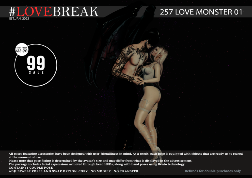 257 Love Monster 01 Couple Pose	&lt;a href=&quot;http://maps.secondlife.com/secondlife/Bloom%20Light/29/252/34&quot; target=&quot;_blank&quot;&gt;Teleport&lt;/a&gt;