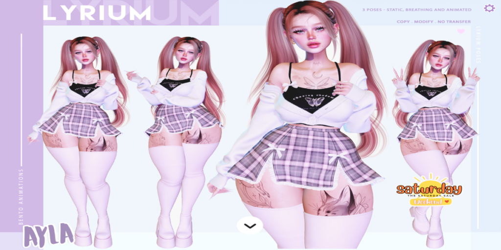 Ayla Poses	&lt;a href=&quot;https://maps.secondlife.com/secondlife/Lunar%20and%20Friends/151/89/19&quot; target=&quot;_blank&quot;&gt;Teleport&lt;/a&gt;