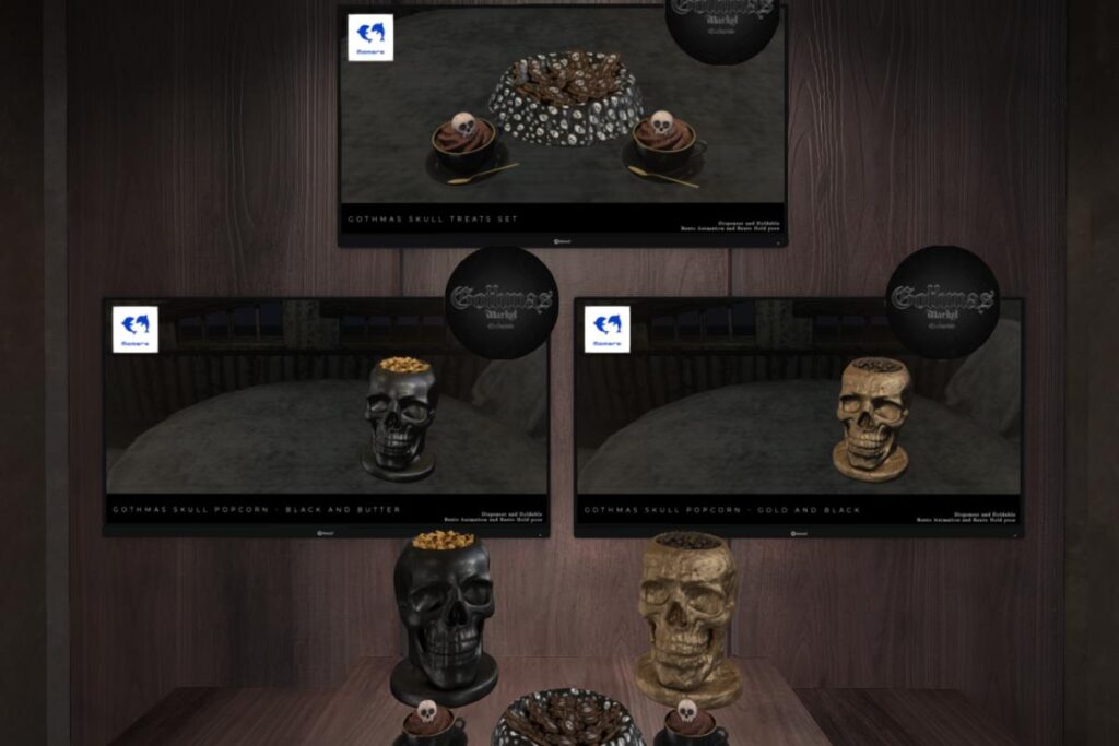 Gothmas Skull Treats Set, L$349 | Gothmas Skull Popcorn - Black, L$349 | Gothmas Skull Popcorn - Gold, L$349