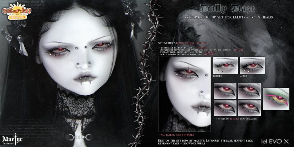 Dolly Daze Cosmetics - EvoX	<a href="http://maps.secondlife.com/secondlife/BlackLotus/111/34/293" target="_blank">Teleport</a>