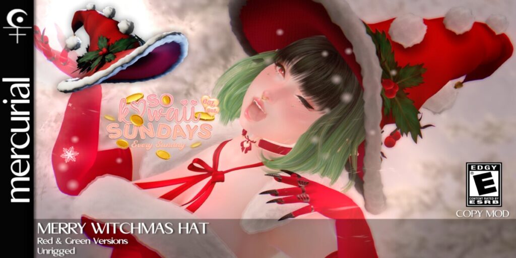 Merry Witchmas Hat	&lt;a href=&quot;http://maps.secondlife.com/secondlife/Embrace%20the%20Ocean/111/171/1096&quot; target=&quot;_blank&quot;&gt;Teleport&lt;/a&gt;