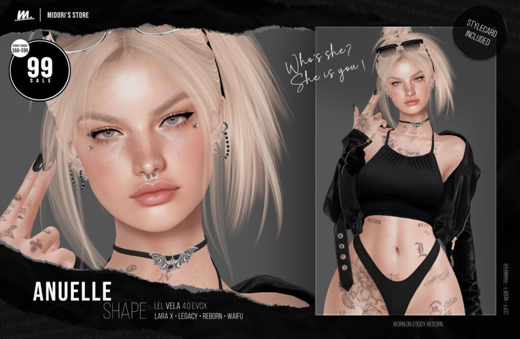 Anuelle Shape - EvoX Vela/Legacy/MaitreyaX/Reborn/+mods	<a href="http://maps.secondlife.com/secondlife/Tulsa%20Time/196/78/1302" target="_blank">Teleport</a>