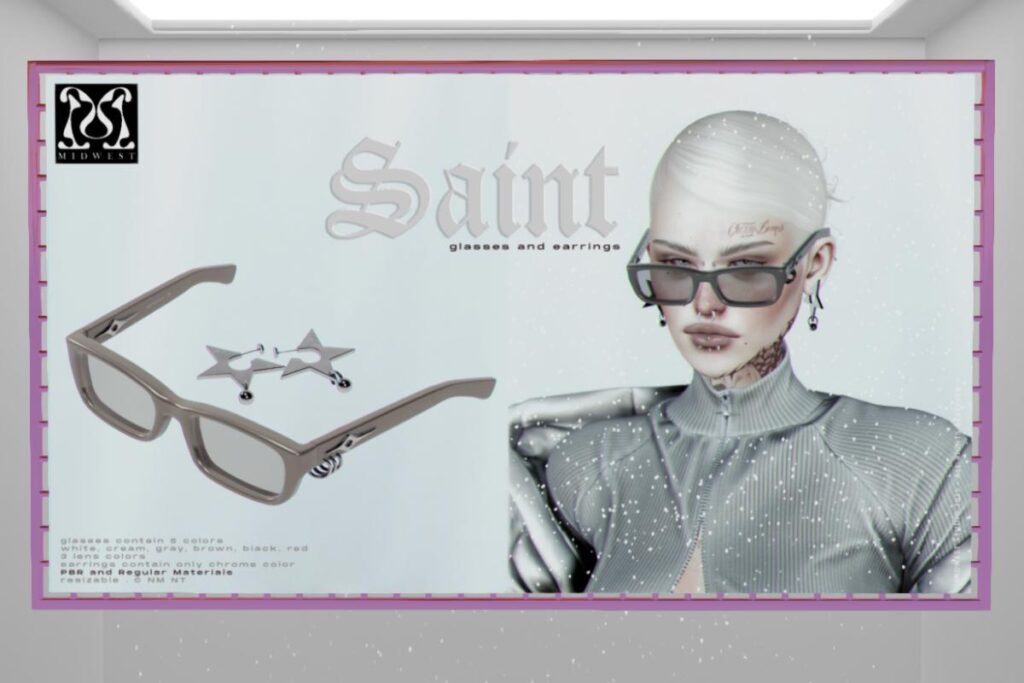 Saint Glasses and Earrings, L$299-L$499 each/L$699 FP