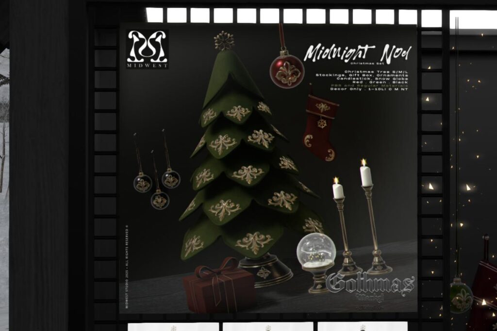 Midnight Noel Decor, L$199-L$299 each/L$899 FP