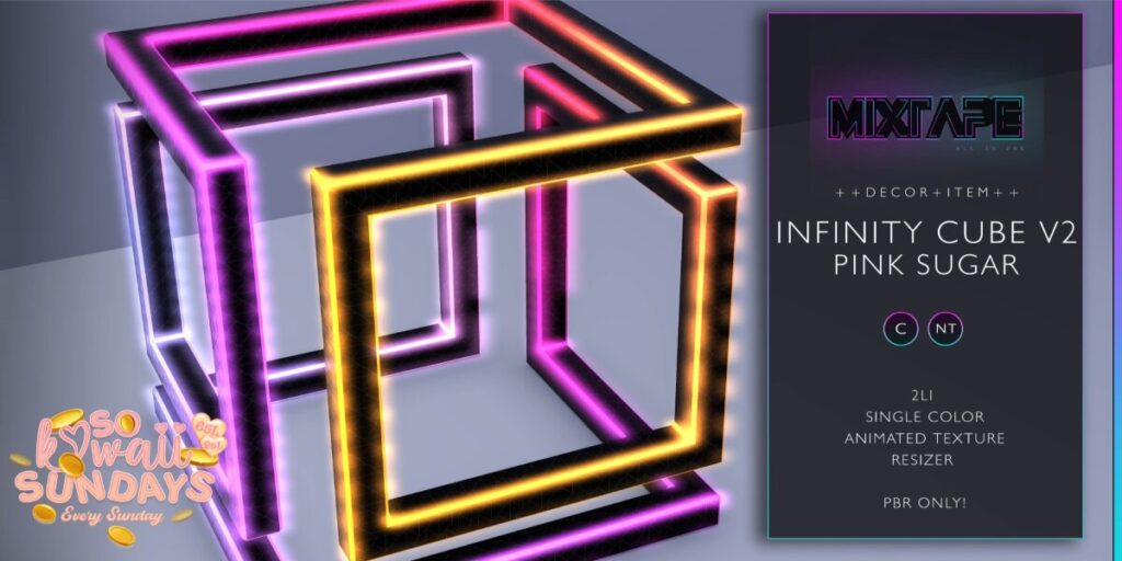 Infinity Cube Decor	<a href="http://maps.secondlife.com/secondlife/Lovely%20Day/14/190/25" target="_blank">Teleport</a>