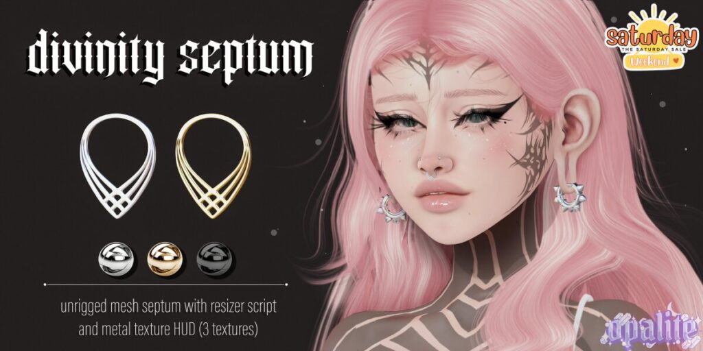 Divinity Septum Piercing	&lt;a href=&quot;http://maps.secondlife.com/secondlife/Ecstasy/42/180/356&quot; target=&quot;_blank&quot;&gt;Teleport&lt;/a&gt;