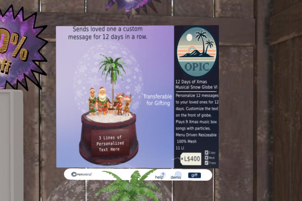 12 Days of Xmas Snowglobe, L$400