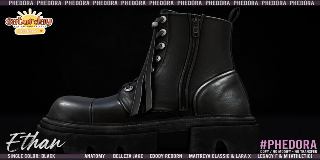 Ethan Boots - Anatomy/Jake/Legacy F+M/Maitreya/Reborn/+mods	<a href="http://maps.secondlife.com/secondlife/Sandy%20Shores/41/214/25" target="_blank">Teleport</a>