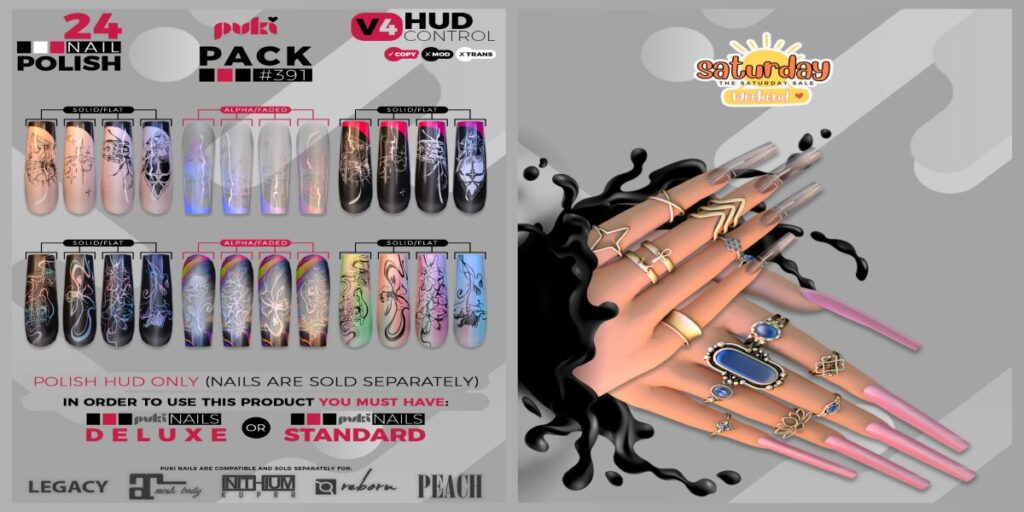 Pack 391 Nail Applier HUD - Puki Deluxe Mesh Nails/Puki Standard Mesh Nails	&lt;a href=&quot;http://maps.secondlife.com/secondlife/The%20Valley/136/226/501&quot; target=&quot;_blank&quot;&gt;Teleport&lt;/a&gt;