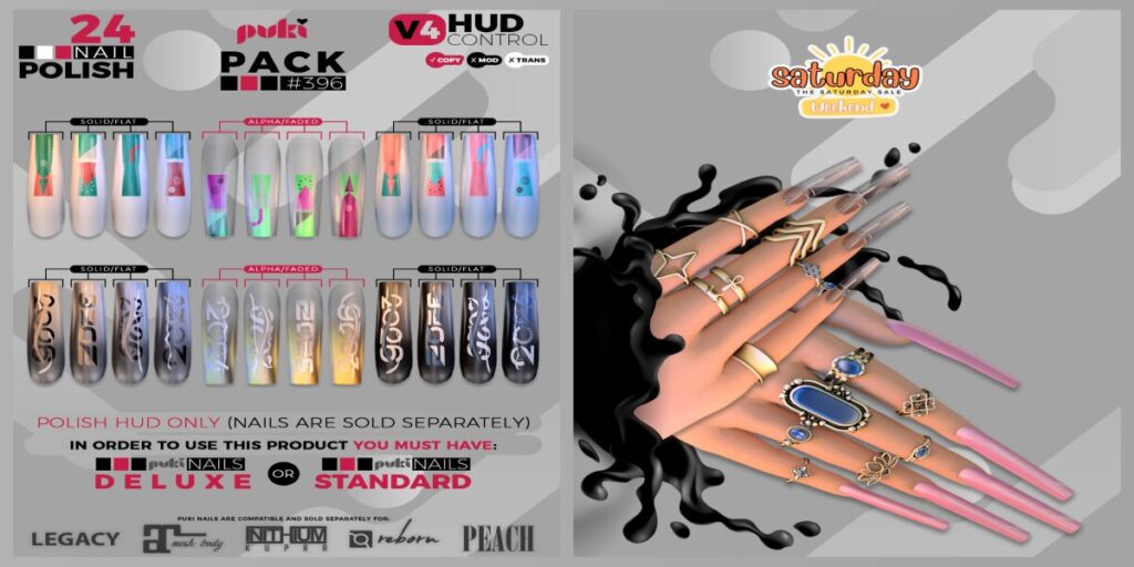 Polish Set #396 - Puki Nails for Inithium/Legacy/Maitreya/Peach/Reborn	<a href="http://maps.secondlife.com/secondlife/The%20Valley/136/226/501" target="_blank">Teleport</a>