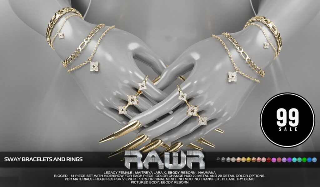 Sway Bracelets &amp; Rings - Legacy/MaitreyaX/Nhumana/Reborn	<a href="http://maps.secondlife.com/secondlife/RAWR/62/141/21" target="_blank">Teleport</a>