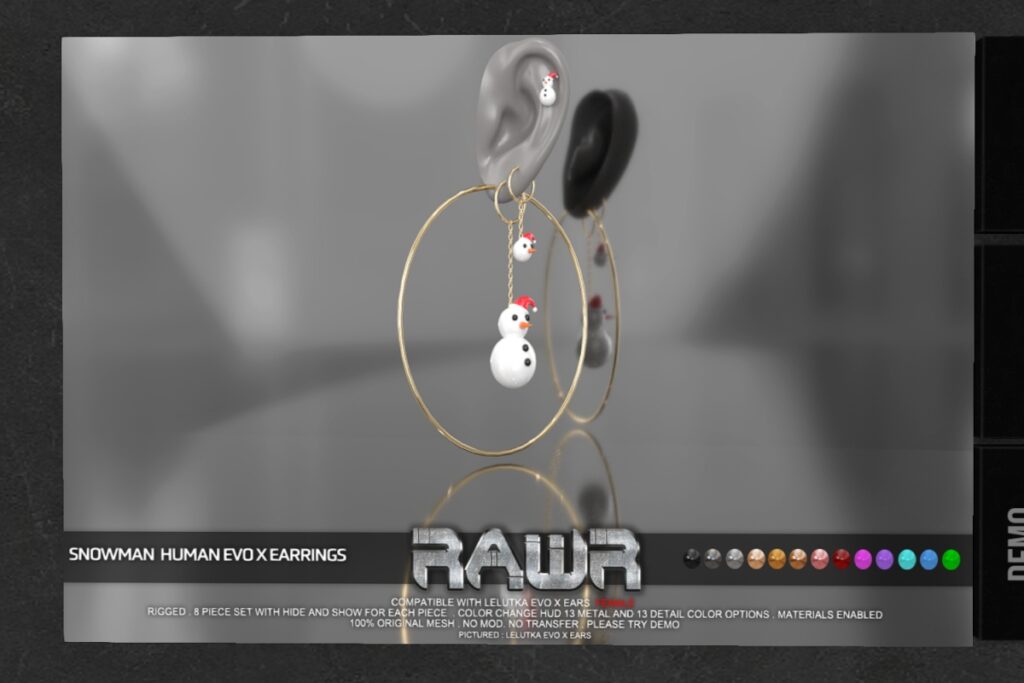 Snowman Human Earrings - EvoX	&lt;a href=&quot;http://maps.secondlife.com/secondlife/RAWR/26/136/21&quot; target=&quot;_blank&quot;&gt;Teleport&lt;/a&gt;