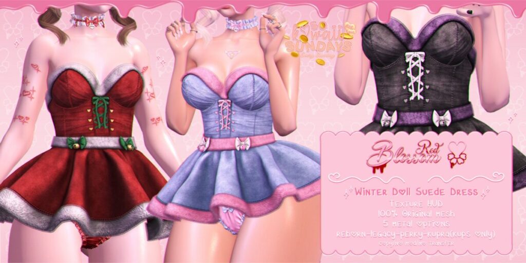 Winter Doll Suede Dress - Inithium/Legacy/Reborn/+mods	<a href="https://maps.secondlife.com/secondlife/Anhedonia/112/132/998" target="_blank">Teleport</a>