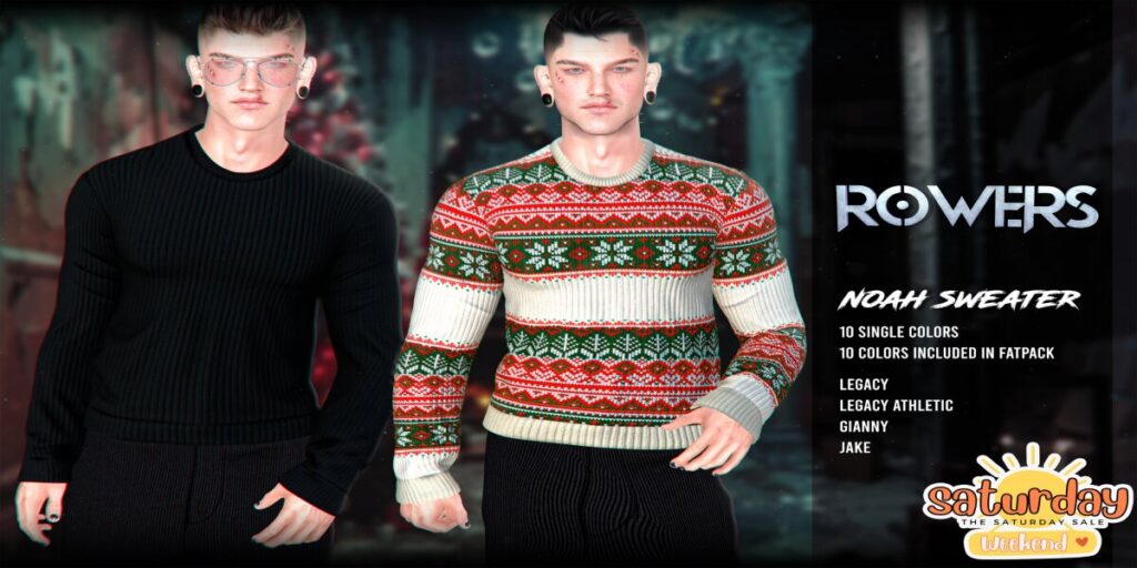 Noah Sweater - Gianni/Jake/Legacy/+mods	<a href="http://maps.secondlife.com/secondlife/Rosehaven/196/127/2501" target="_blank">Teleport</a>