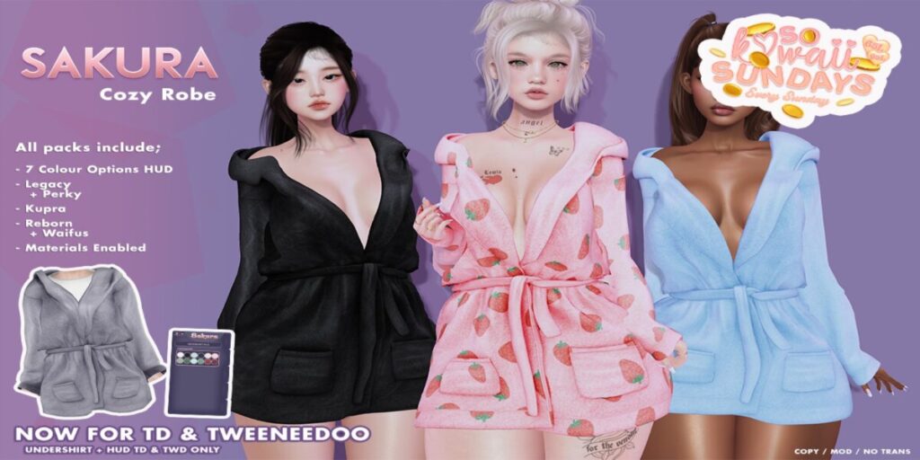 Cozy Robe - Inithium/Legacy/Reborn/+mods	<a href="http://maps.secondlife.com/secondlife/Domain/122/106/26" target="_blank">Teleport</a>