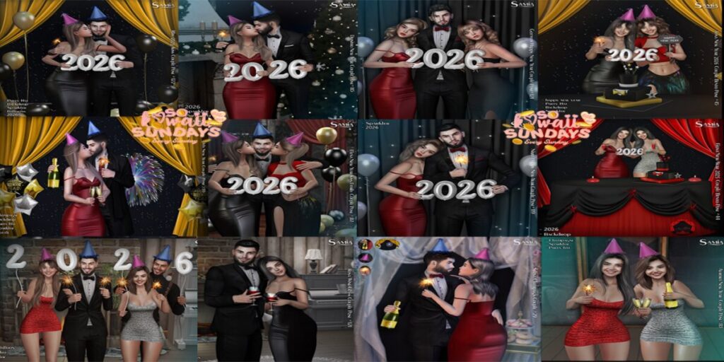 New Year's Group Poses	<a href="http://maps.secondlife.com/secondlife/District%20Blue/210/106/3006" target="_blank">Teleport</a>