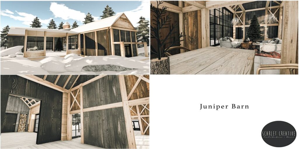 Juniper Barn Snow Edition	<a href="http://maps.secondlife.com/secondlife/Scarlet%20Creative/61/69/22" target="_blank">Teleport</a>