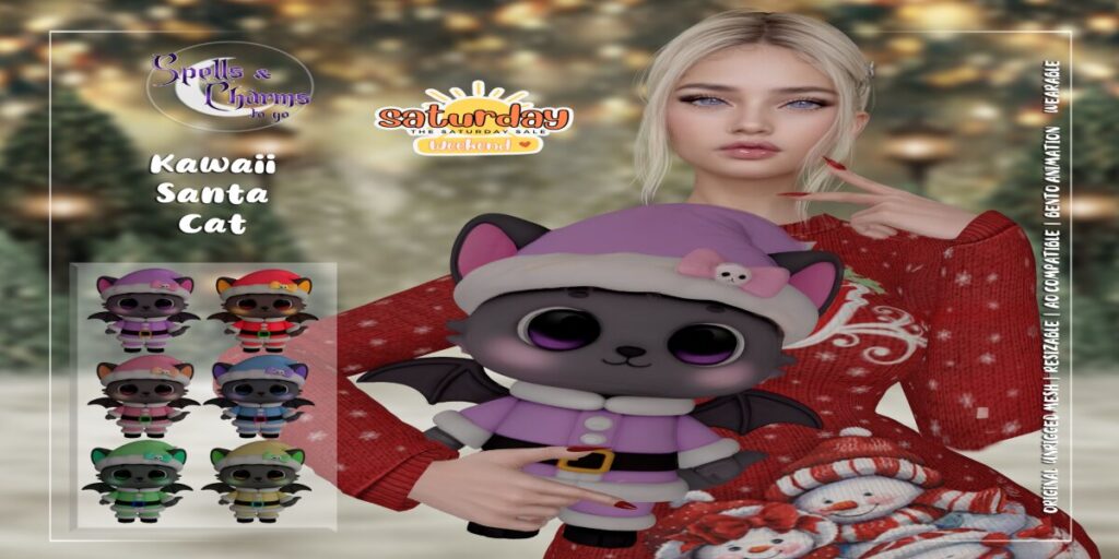 Kawaii Santa Cat Holdable	<a href="http://maps.secondlife.com/secondlife/Starfall/49/26/2501" target="_blank">Teleport</a>