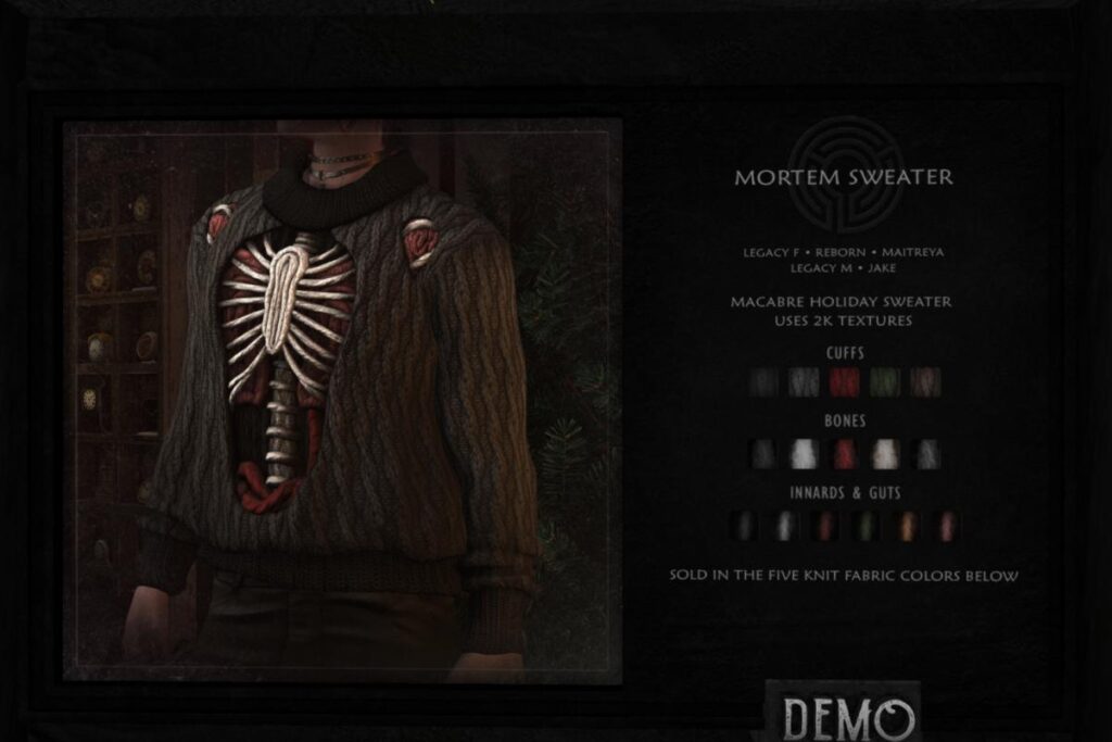Mortem Sweater - Jake/Legacy F+M/Maitreya/Reborn, L$325 each