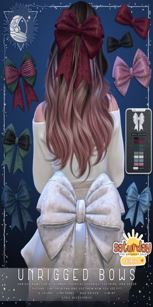 Unrigged Bows	<a href="http://maps.secondlife.com/secondlife/EXHALE/133/163/50" target="_blank">Teleport</a>