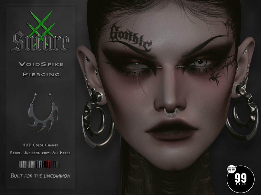 Void Spike Piercing	<a href="http://maps.secondlife.com/secondlife/Pleasant%20Sanctuary/84/63/22" target="_blank">Teleport</a>