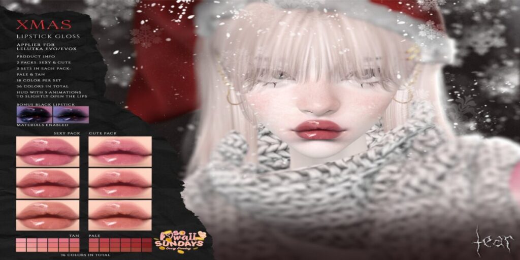 Xmas Lipstick Gloss - Evo/EvoX	<a href="http://maps.secondlife.com/secondlife/Hashira/150/190/3" target="_blank">Teleport</a>