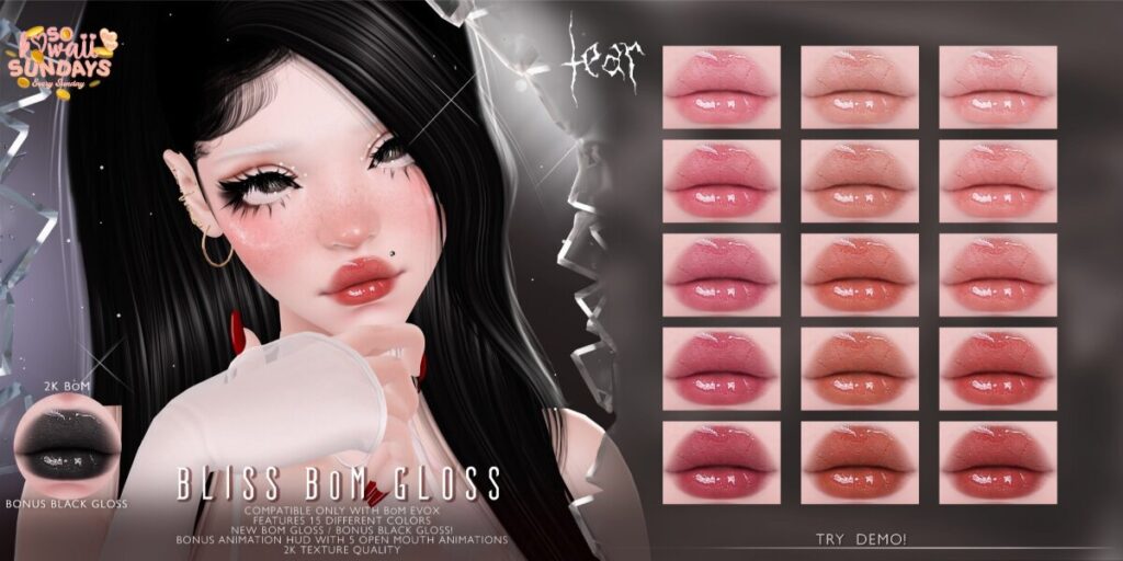 Bliss Gloss LIpstick - EvoX	<a href="http://maps.secondlife.com/secondlife/Hashira/150/190/3" target="_blank">Teleport</a>