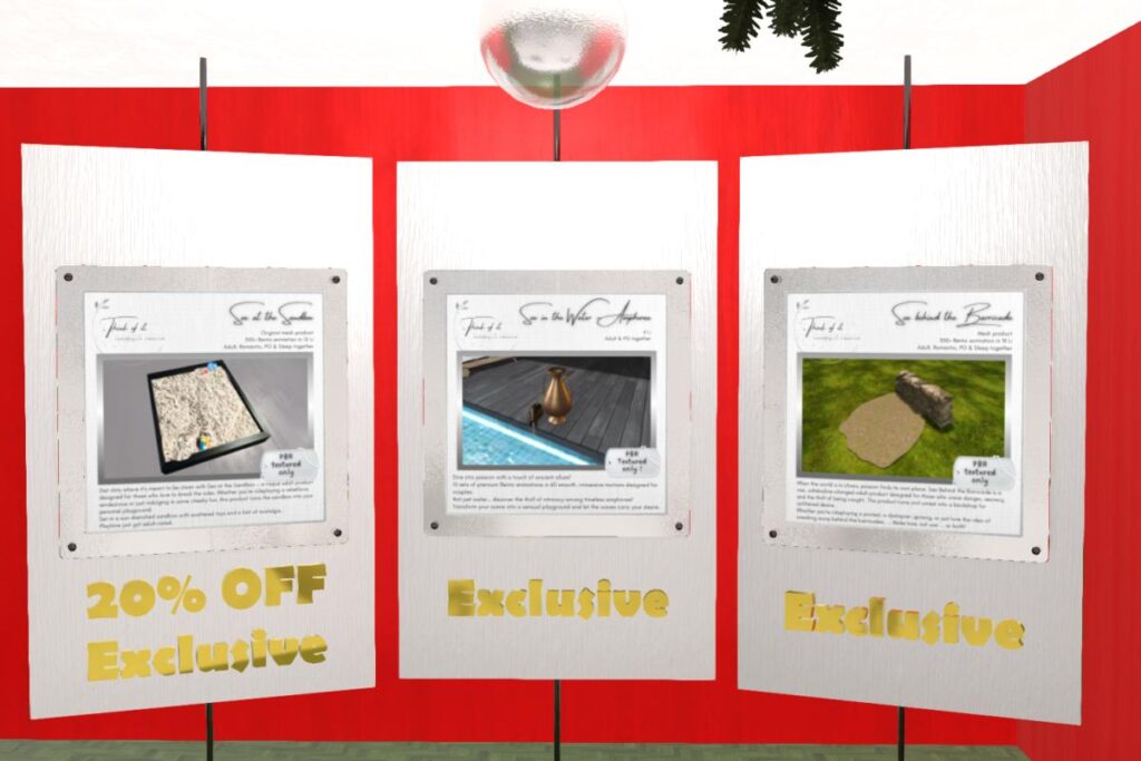 Sex at the Sandbox, L$316 |Sex in the Water Amphorae, L$98 | Sex Behind the Barricade, L$395