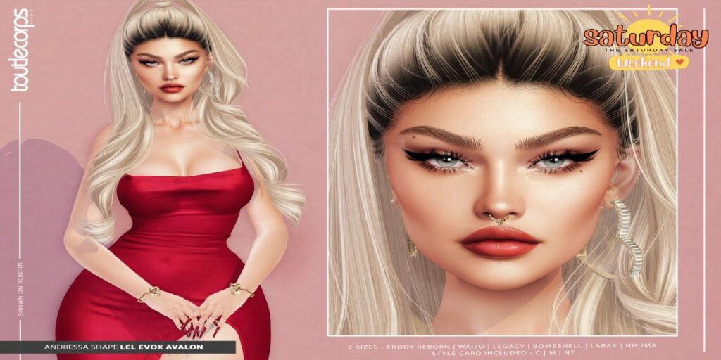 Andressa Shape - EvoX Avalon	<a href="http://maps.secondlife.com/secondlife/Sunny%20Ridge/100/130/1001" target="_blank">Teleport</a>
