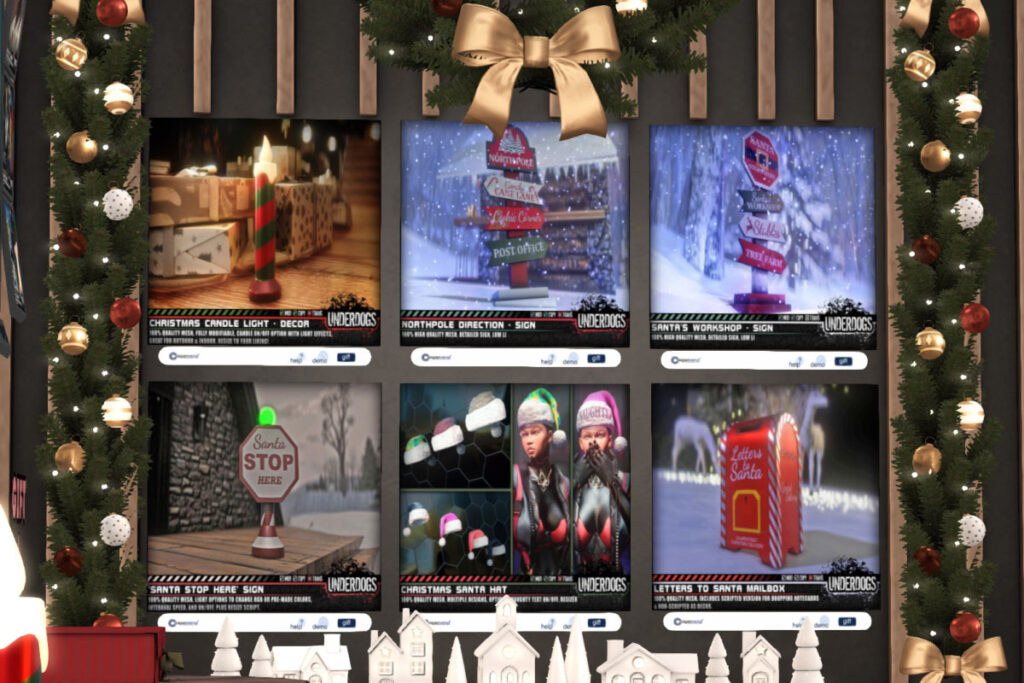 Christmas Candle Light, L$125 | North Pole Direction Sign, L$125 | Santas Workshop, L$125 | Santa Stop Here Sign, L$125 |  Letters to Santa, L$100 | Christmas Santa Hat, L$175