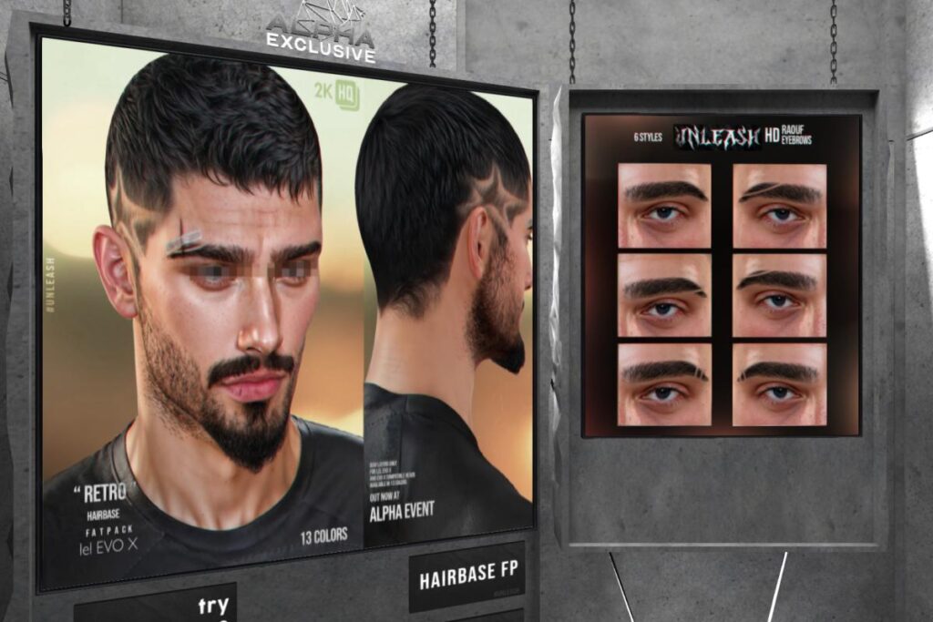 Retro Hairbase - EvoX, L$300 | Giovanni Facial Hair - EvoX, L$299 | Raouf Brows - EvoX, L$300
