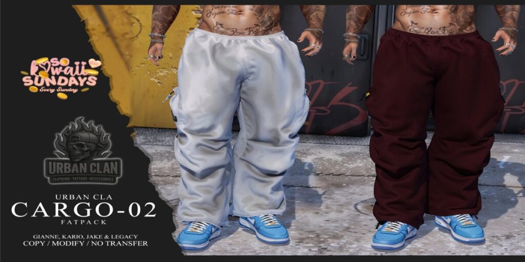 Cargo-02 Pants - Gianni/Jake/Kario/Legacy	<a href="https://maps.secondlife.com/secondlife/Midnight%20Love/53/182/24" target="_blank">Teleport</a>