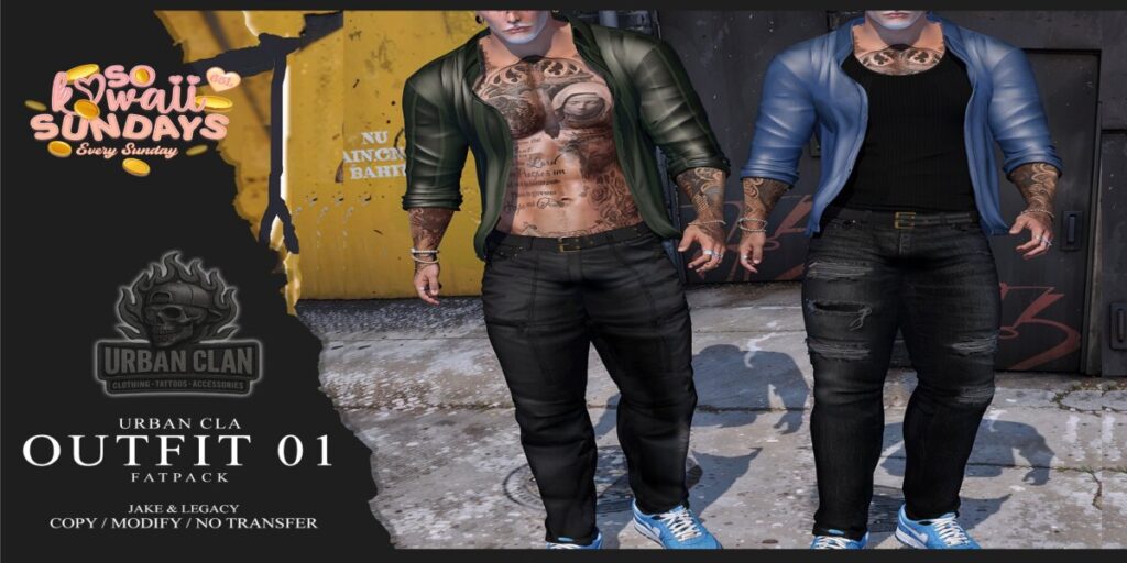 01 Outfit - Jake/Legacy	<a href="http://maps.secondlife.com/secondlife/Midnight%20Love/55/182/24" target="_blank">Teleport</a>