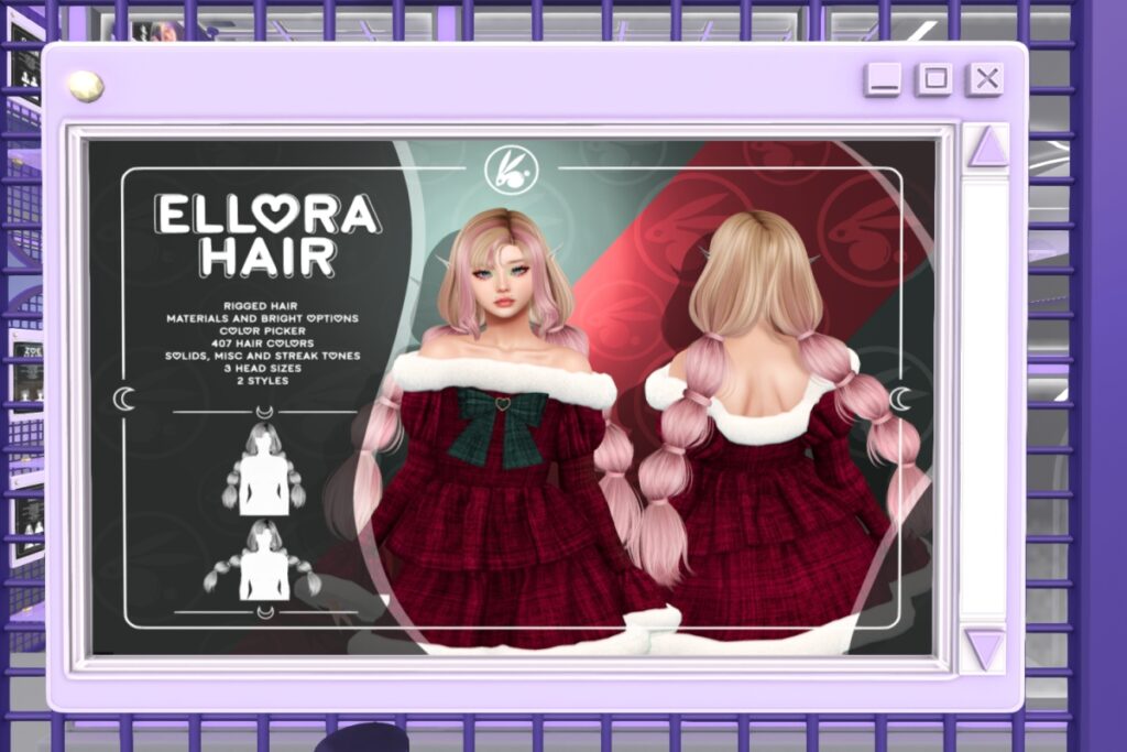 Ellora Hair	<a href="http://maps.secondlife.com/secondlife/Hashira/191/33/2" target="_blank">Teleport</a>