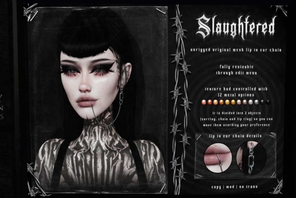 Slaughtered Chain	<a href="http://maps.secondlife.com/secondlife/The%20Conjuring/131/131/22" target="_blank">Teleport</a>