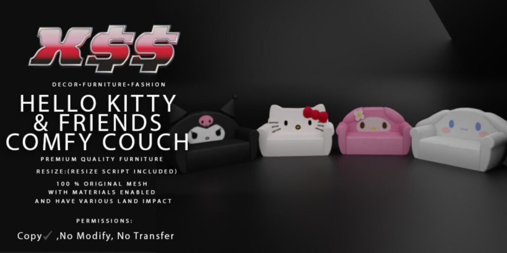Hello Kitty &amp; Friends Comfy Couch	<a href="http://maps.secondlife.com/secondlife/Tender%20Love/164/160/1162" target="_blank">Teleport</a>