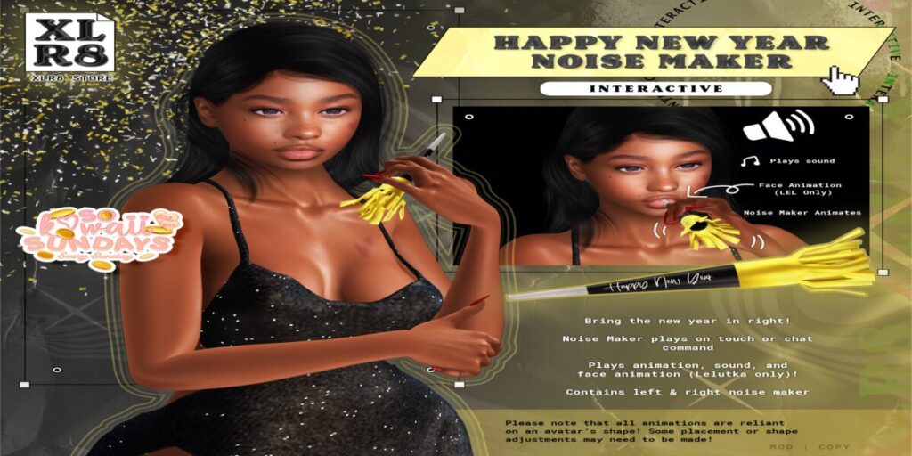 Happy New Year Noise Maker Holdable	<a href="http://maps.secondlife.com/secondlife/FireStar/32/106/24" target="_blank">Teleport</a>