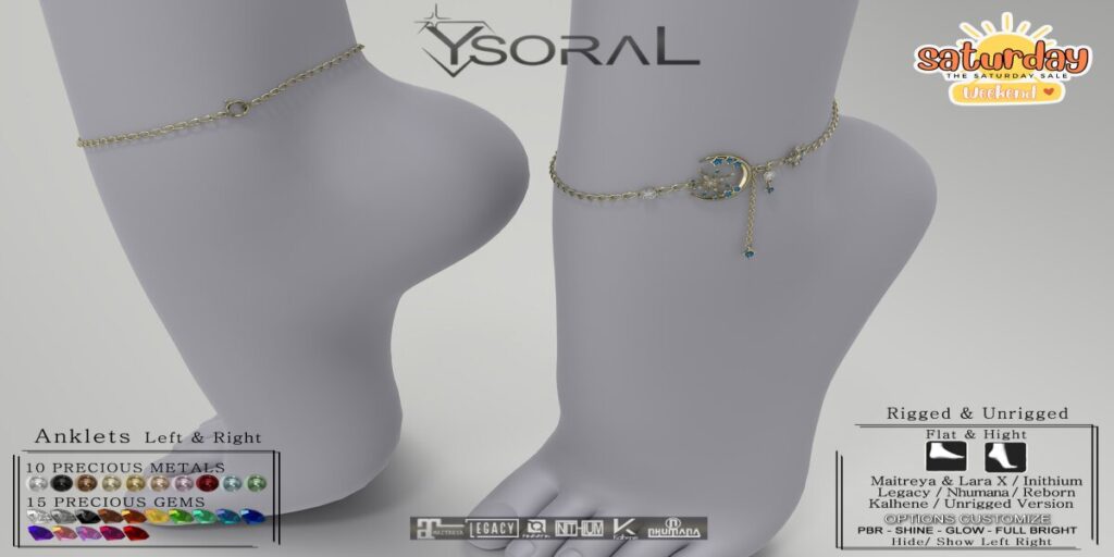 Holly Anklets - Erika/Inithium/Legacy/Maitreya/Nhumana/Reborn/Unrigged/+mods	<a href="https://maps.secondlife.com/secondlife/ysoral/128/128/35" target="_blank">Teleport</a>