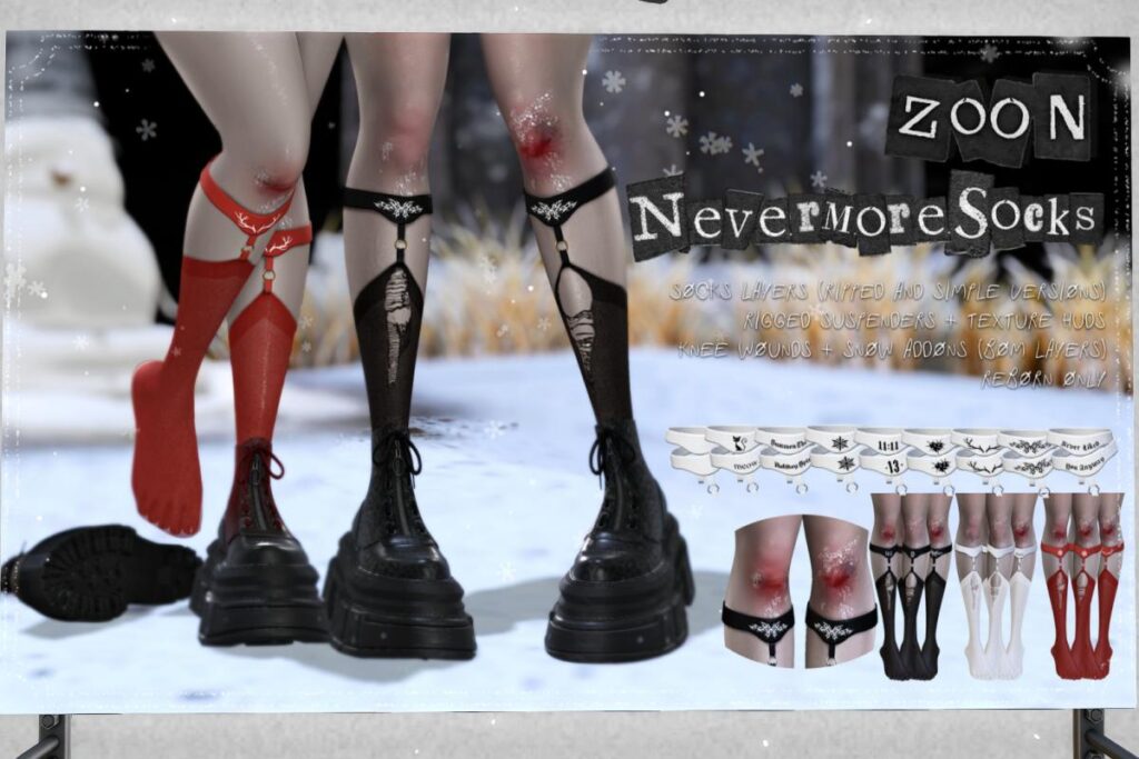 Nevermore Socks - Reborn, L$90 each/L$299 FP