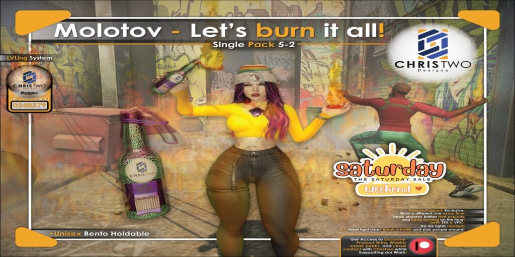 Molotov Holdable	<a href="http://maps.secondlife.com/secondlife/Chris%20Two%20Designs/128/129/15" target="_blank">Teleport</a>