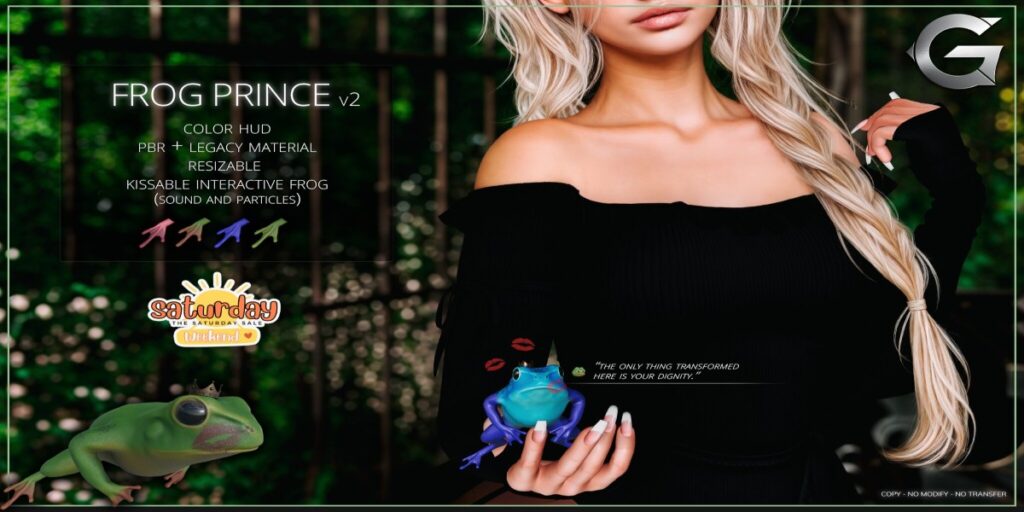Frog Prince v2 Holdable	<a href="http://maps.secondlife.com/secondlife/Spruce%20Peak/198/222/21" target="_blank">Teleport</a>