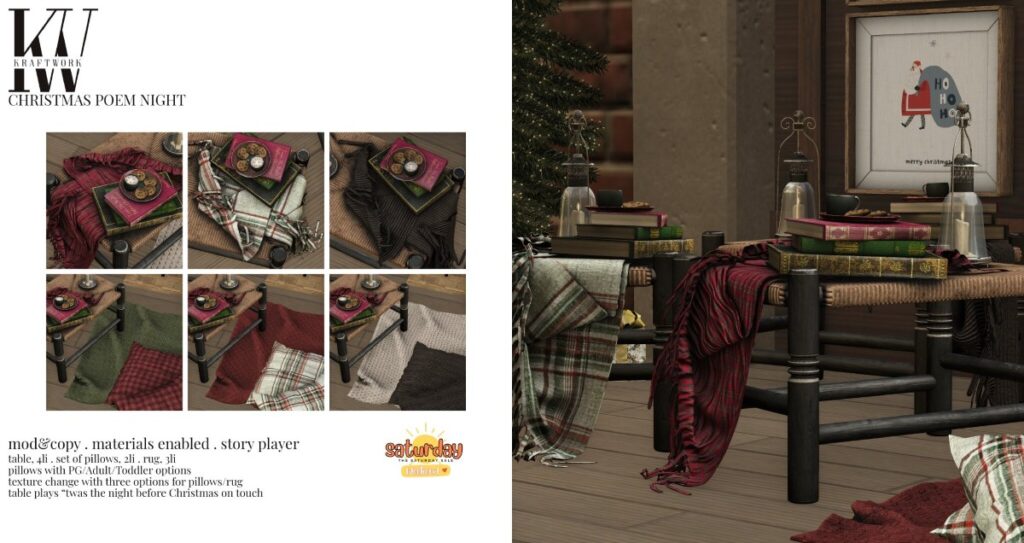 Poem Night	&lt;a href=&quot;http://maps.secondlife.com/secondlife/KraftWork/230/122/21&quot; target=&quot;_blank&quot;&gt;Teleport&lt;/a&gt;