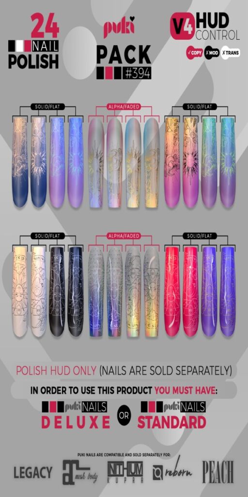 Puki Polish Set #394 - Inithium/Legacy/Maitreya/Peach/Reborn	<a href="http://maps.secondlife.com/secondlife/The%20Valley/136/226/501" target="_blank">Teleport</a>