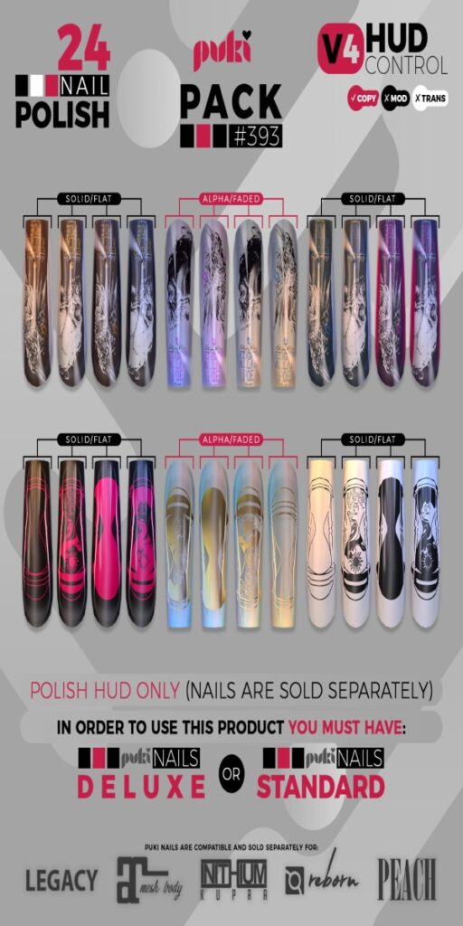 Puki Polish Set #393 - Inithium/Legacy/Maitreya/Peach/Reborn	<a href="http://maps.secondlife.com/secondlife/The%20Valley/136/226/501" target="_blank">Teleport</a>